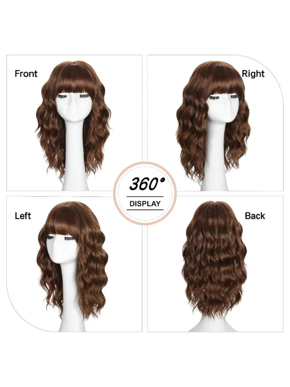 Women's Honey Brown 16 Inch Wavy Wig Bangs Shoulder Length Synthetic Hair